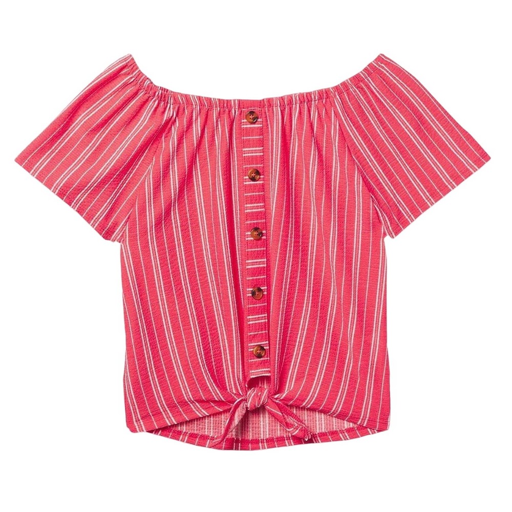 Girl's Coral Stripped Short Sleeve Tie Front Knit Top Size S